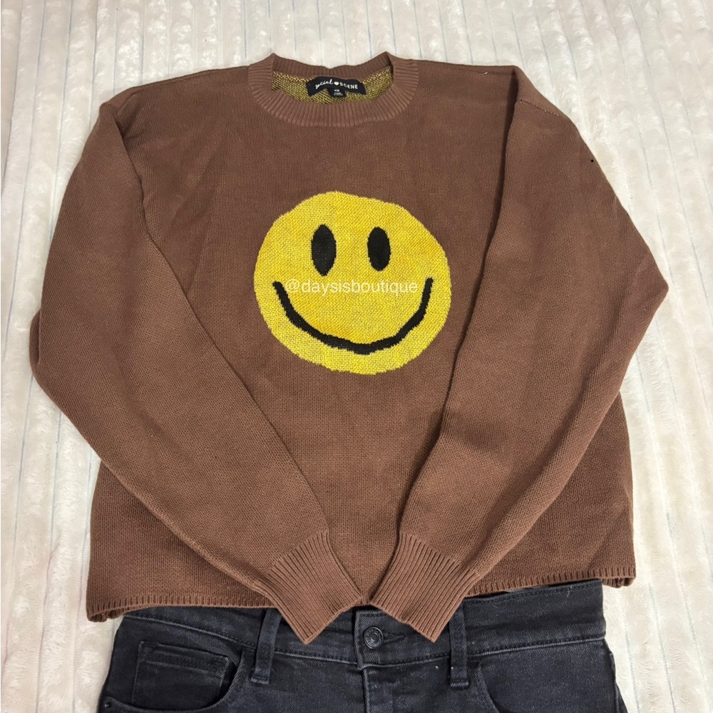 Yellow Smiley Face Crewneck Sweater in Brown